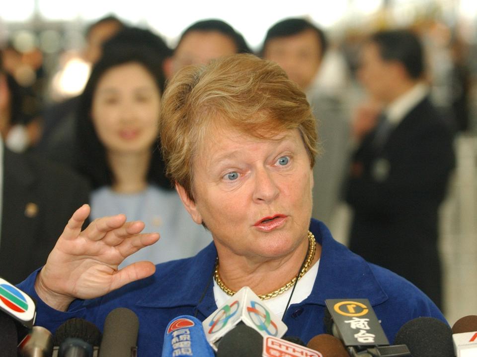 Gro Harlem Brundtland, WHO director general, talks to reporters at Hong Kong's international airport, Thursday, June 19, 2003,