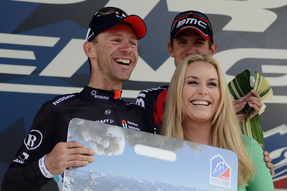 BEAVER CREEK, CO - AUGUST 23: Jens Voigt of Germany riding for RadioShack-Nissan-TREK poses for a photo after being presented with a lifetime ski pass to Beaver Creek from American alpine ski racer Lindsey Vonn following his win of Stage Four of the USA Pro Challenge from Aspen to Beaver Creek on August 23, 2012 in Beaver Creek, Colorado. (Photo by Garrett W. Ellwood/Getty Images)