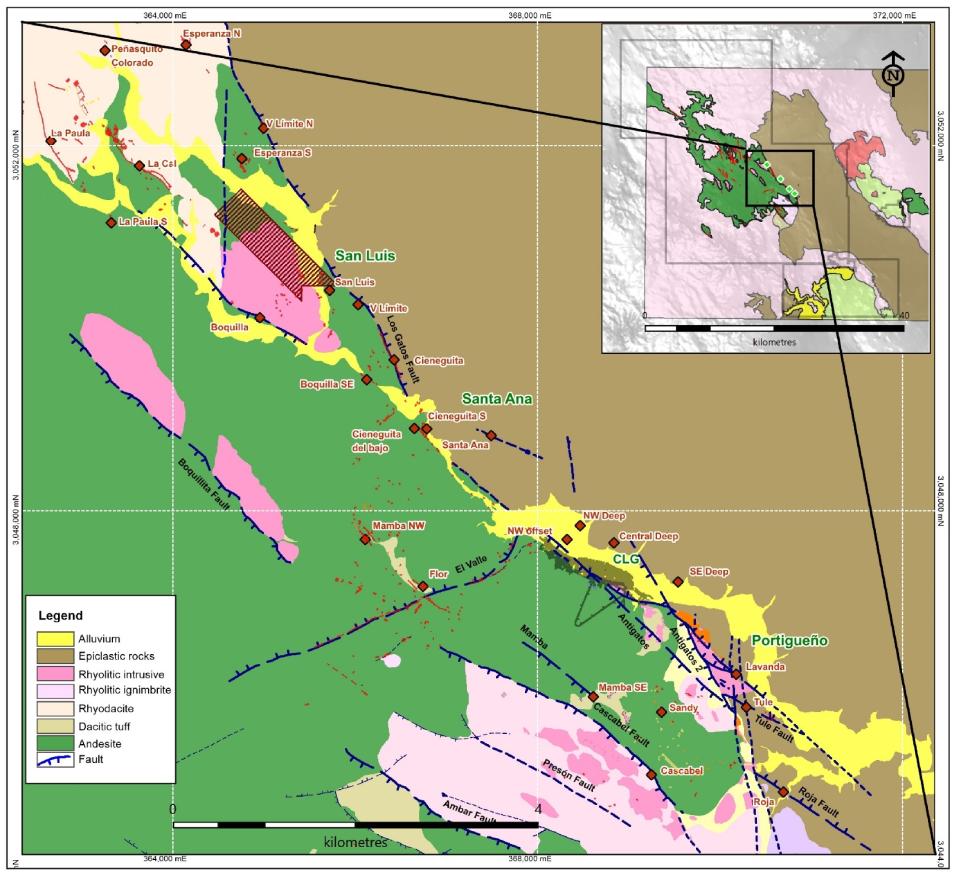 Plan view of the area surrounding CLG with select near-mine prospects and high priority drill targets