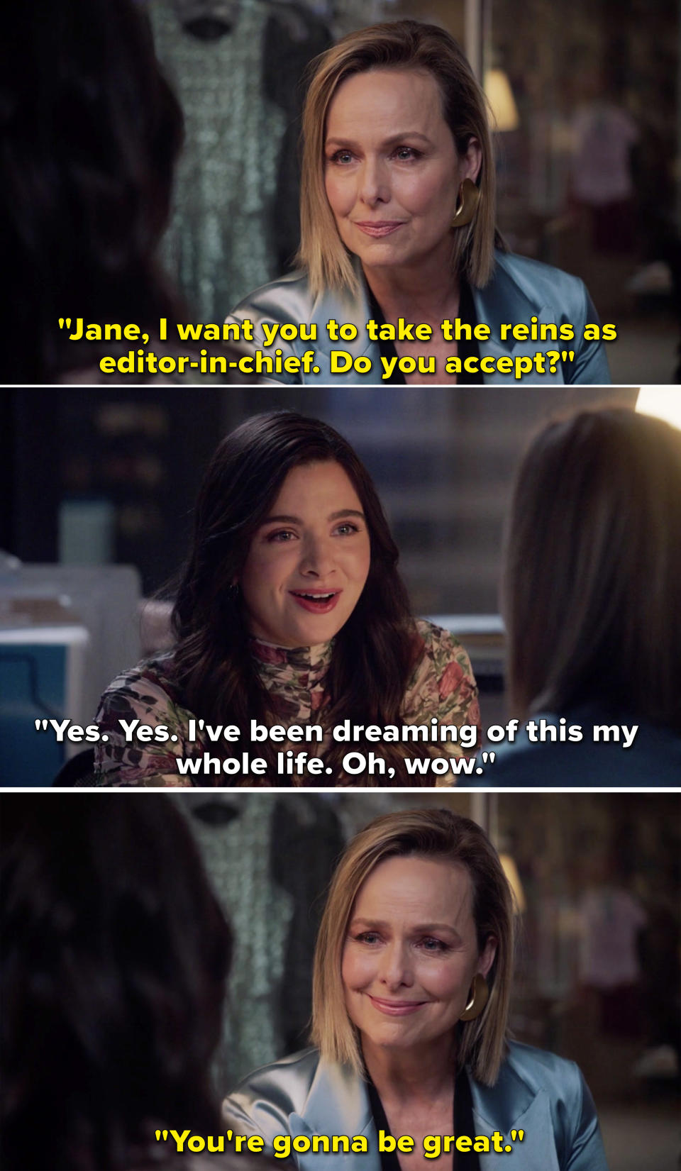 Jacqueline telling Jane, "I want you to take the reins as editor in chief. Do you accept?"