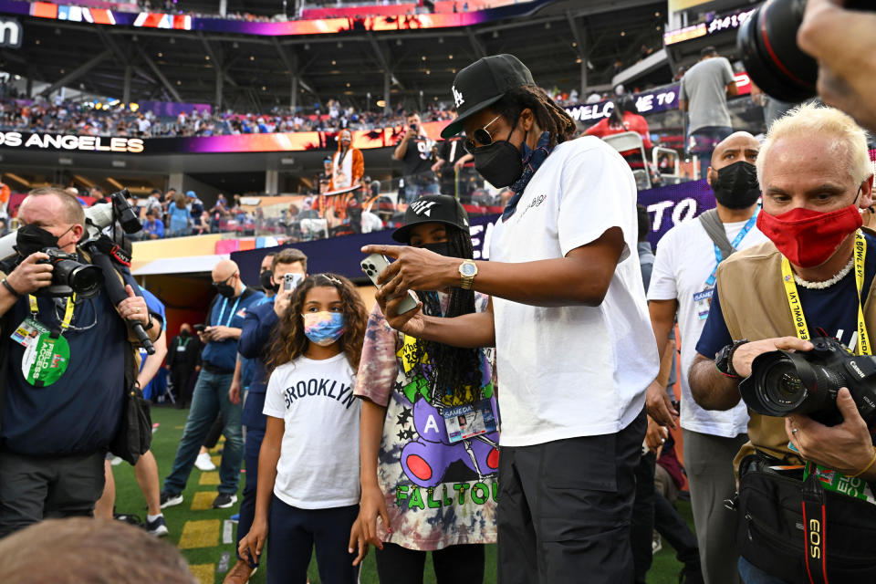 Jay-Z on the sidelines before a game at SoFi Stadium in Inglewood, Calif., on Feb 13, 2022.<span class="copyright">John W. McDonough—Sports Illustrated/Getty Images</span>