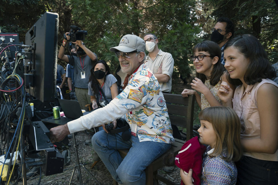 This image released by Universal Pictures and Amblin Entertainment shows Steven Spielberg on the set of "The Fabelmans." (Merie Weismiller Wallace/Universal Pictures and Amblin Entertainment via AP)