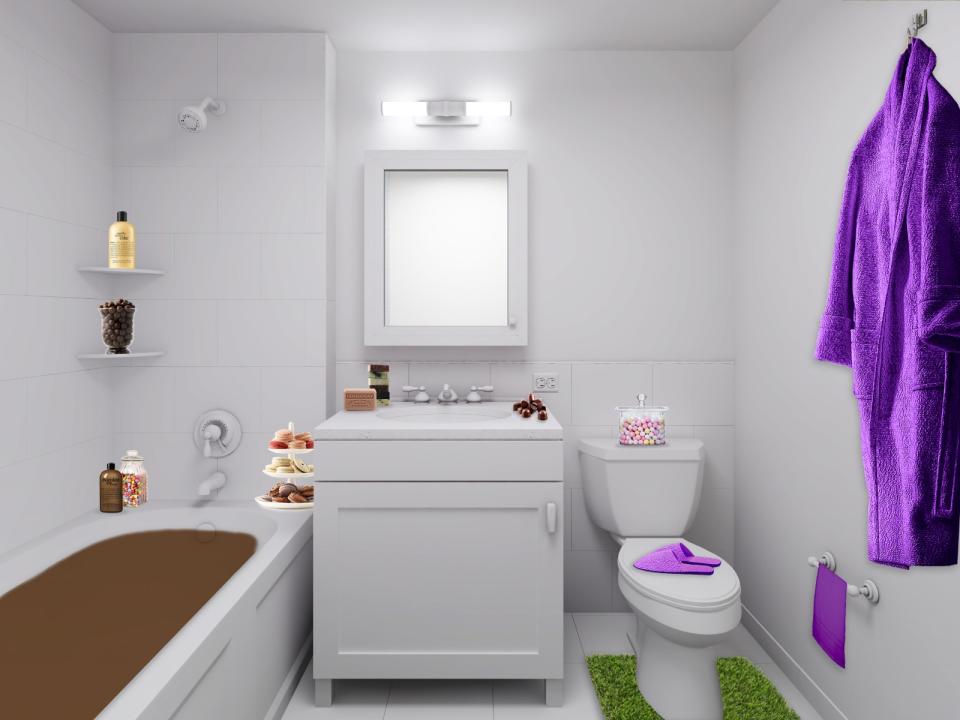 A Willy Wonka-themed bathroom with a chocolate bath.