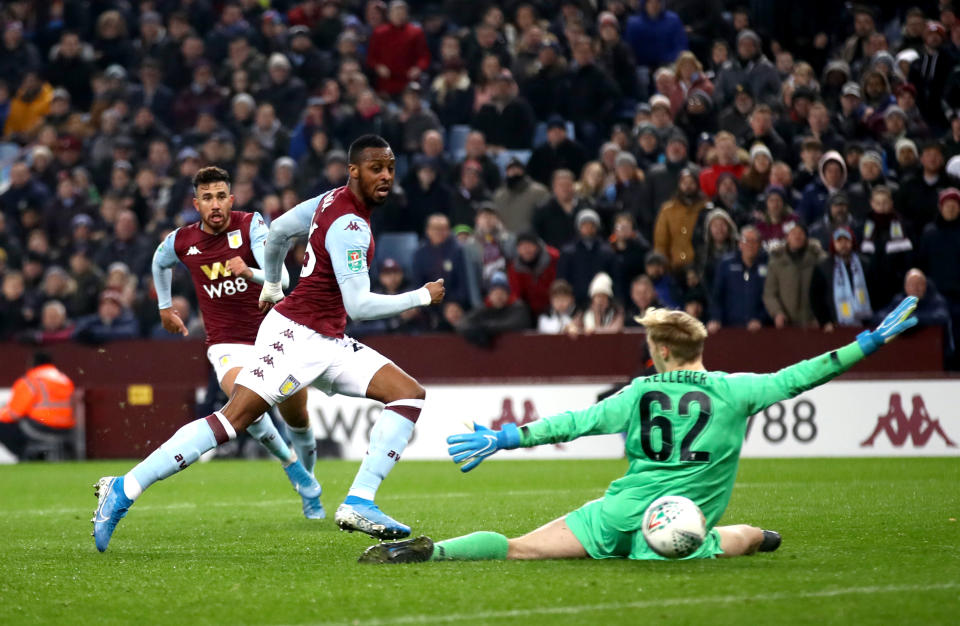 Aston Villa's Jonathan Kodjia (second left) scores his side's third goal of the game Aston Villa v Liverpool - Premier League - Villa Park 17-12-2019 . (Photo by  Tim Goode/EMPICS/PA Images via Getty Images)