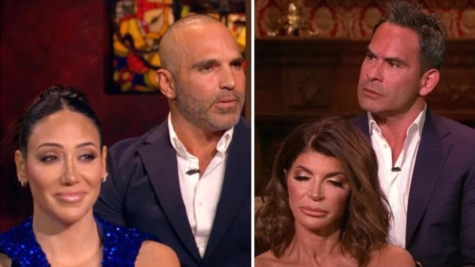 Joe Gorga, Melissa Gorga, Teresa Giudice and Luis Ruelas at The Real Housewives of New Jersey Season 13 reunion (Photo credit: Bravo)