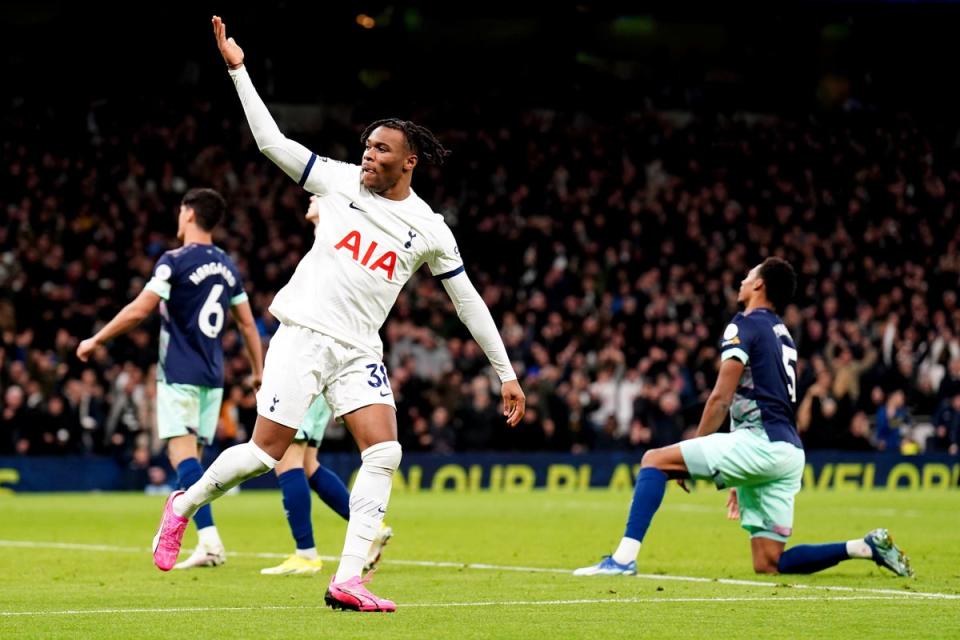 Destiny Udogie celebrates scoring Spurs' first goal (PA)