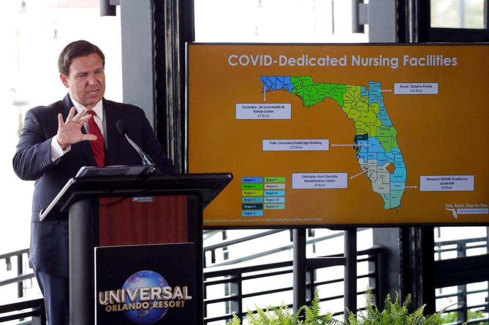 Florida Gov. Ron DeSantis speaks at a news conference at Universal Studios Wednesday, June 3, 2020, in Orlando, Fla. The Universal Studios theme park reopened today for season pass holders and will open to the general public on Friday. Bars and theme parks will be part of Florida’s Phase 2 reopening after closure due to the coronavirus pandemic. (AP Photo/John Raoux)