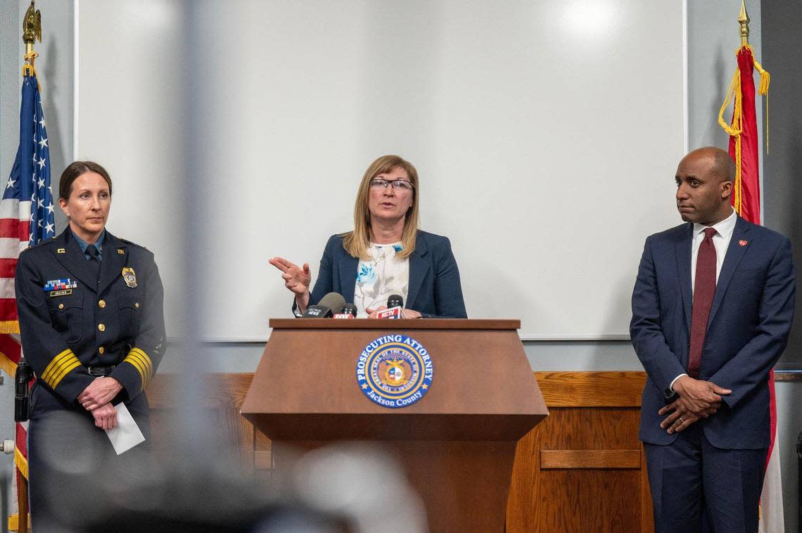 Jackson County Prosecutor Jean Peters Baker, center, Chief of Police Stacey Graves, left, and Mayor Quinton Lucas hold a press conference at the Jackson County Courthouse on Tuesday, Feb. 20, 2024, in Kansas City. The press conference addressed charges outlined by the prosecutor’s office against two men accused in the mass shooting that occurred after the Chiefs’ Super Bowl victory rally at Union Station last week.