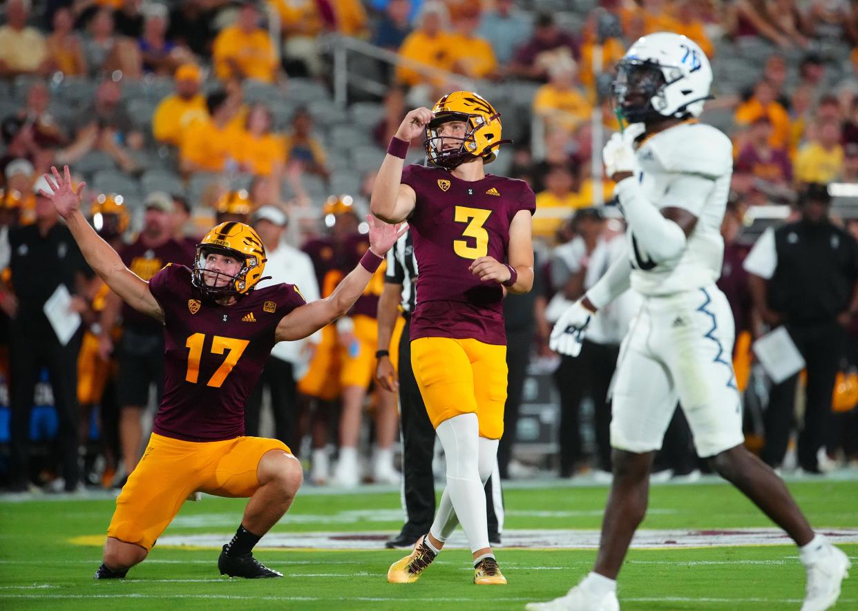 September 1, 2022; Tempe, Arizona; USA; ASU placeholder Eddie Czaplick (17) celebrates a field goal by kicker Carter Brown (3) during a game at Sun Devil Stadium.