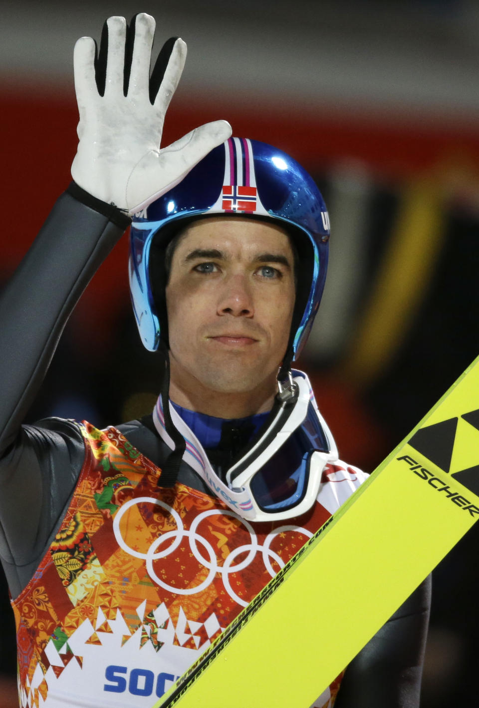 Norway's Anders Bardal waves to fans after his first attempt during the men's normal hill ski jumping final at the 2014 Winter Olympics, Sunday, Feb. 9, 2014, in Krasnaya Polyana, Russia. (AP Photo/Gregorio Borgia)