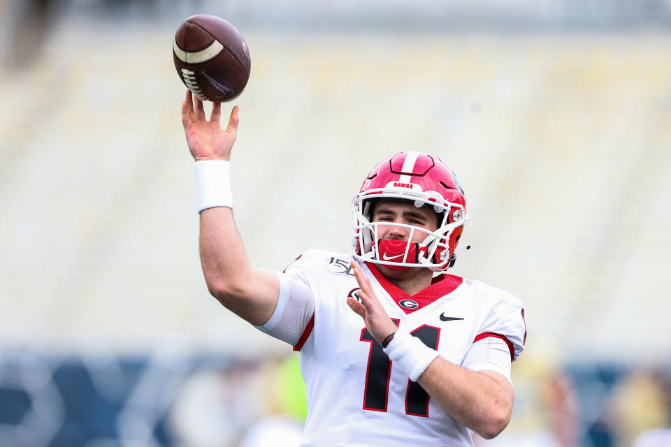 Georgia QB Jake Fromm warms up before the Georgia Tech game at Bobby Dodd Stadium on November 30, 2019 in Atlanta, Georgia. (Photo by Carmen Mandato/Getty Images)