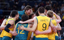 LONDON, ENGLAND - AUGUST 06: Australia celebrates the match win over Poland during Men's Volleyball on Day 10 of the London 2012 Olympic Games at Earls Court on August 6, 2012 in London, England. (Photo by Elsa/Getty Images)