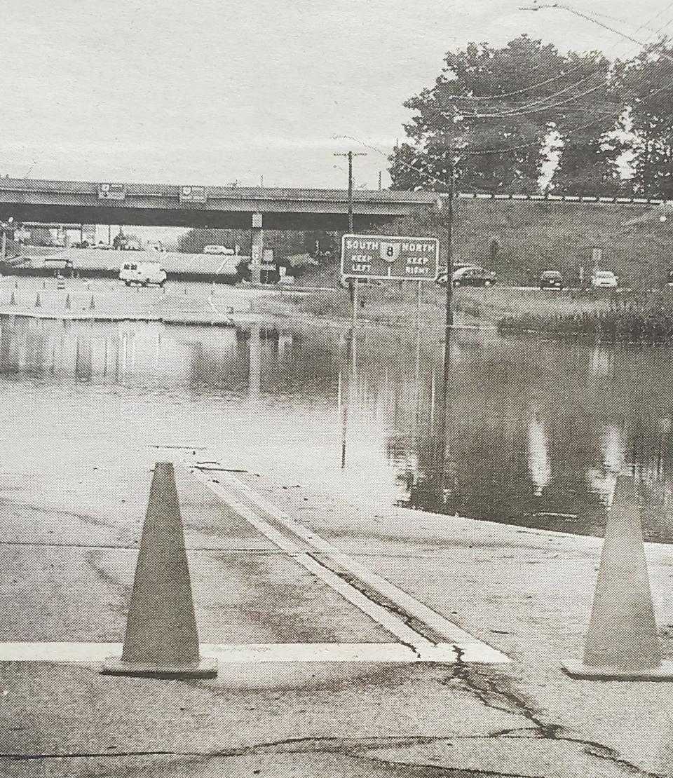 Floodwater blocks Route 303 just east of Route 8 in Hudson following the July 21, 2003 storm in this photo taken from the Hudson Hub-Times.