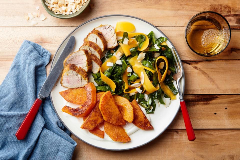 Pork Tenderloin with Turmeric, Squash, and Collard Greens Salad