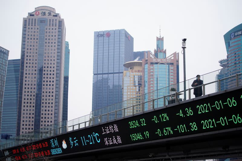 A man wearing a mask, following the coronavirus disease (COVID-19) outbreak, stands on an overpass with an electronic board showing Shanghai and Shenzhen stock indexes, at the Lujiazui financial district in Shanghai