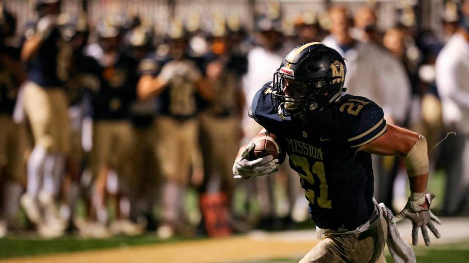 Drew Harrigan scored on this run. Mission Prep ended their football playoff run with a 20-14 overtime loss to Kerman High School Nov. 17, 2023.