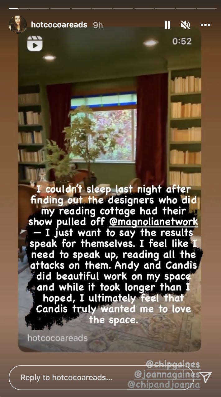 An Instagram story screengrab showing a reading cottage designed by Andy and Candis Meredith of "Home Work."