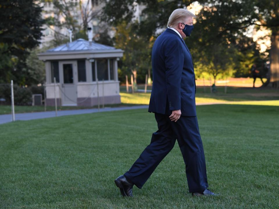 trump white house covid US President Donald Trump walks to Marine One prior to departure from the South Lawn of the White House in Washington, DC, October 2, 2020, as he heads to Walter Reed Military Medical Center, after testing positive for Covid-19. - President Donald Trump will spend the coming days in a military hospital just outside Washington to undergo treatment for the coronavirus, but will continue to work, the White House said Friday (Photo by SAUL LOEB / AFP) (Photo by SAUL LOEB/AFP via Getty Images)