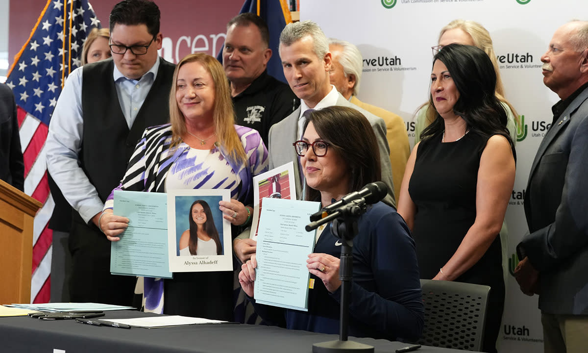 This is a photo of Utah Gov. Deidre Henderson signing a school safety bill into law.