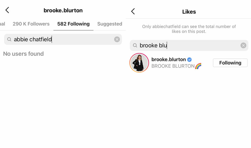 Side by side screenshots showing Brooke Blurton is not following Abbie Chatfield on Instagram but has liked one of Abbie's posts. Photo: Instagram/abbiechatfield, Instagram/brooke.blurton.