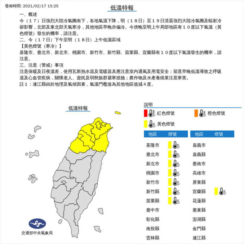 氣象局針對8縣市發布低溫特報，、今(17日)下午至明(18日)上午低溫區域有：基隆市、臺北市、新北市、桃園市、新竹市、新竹縣、苗栗縣、宜蘭縣，有10度以下氣溫發生的機率，請注意。（圖／氣象局提供）