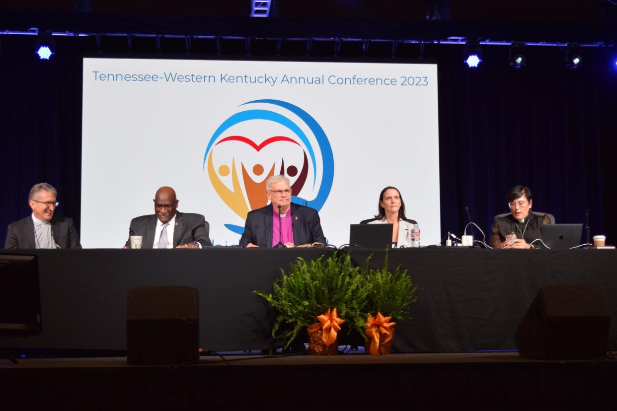 Bishop Bill McAlilly, who oversees the Tennessee-Western Kentucky Conference of the United Methodist Church, and other conference and UMC leaders at the conference's annual meeting in Memphis, which occurred June19-21.