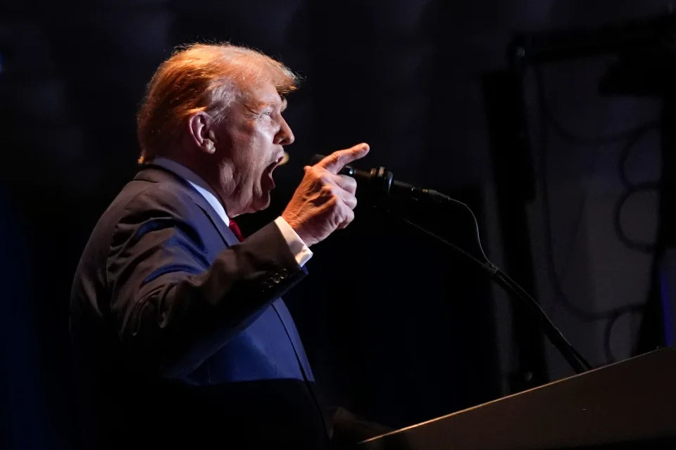 Republican presidential candidate former President Donald Trump speaks at a primary election night party at the South Carolina State Fairgrounds in Columbia, S.C., Feb. 24, 2024.