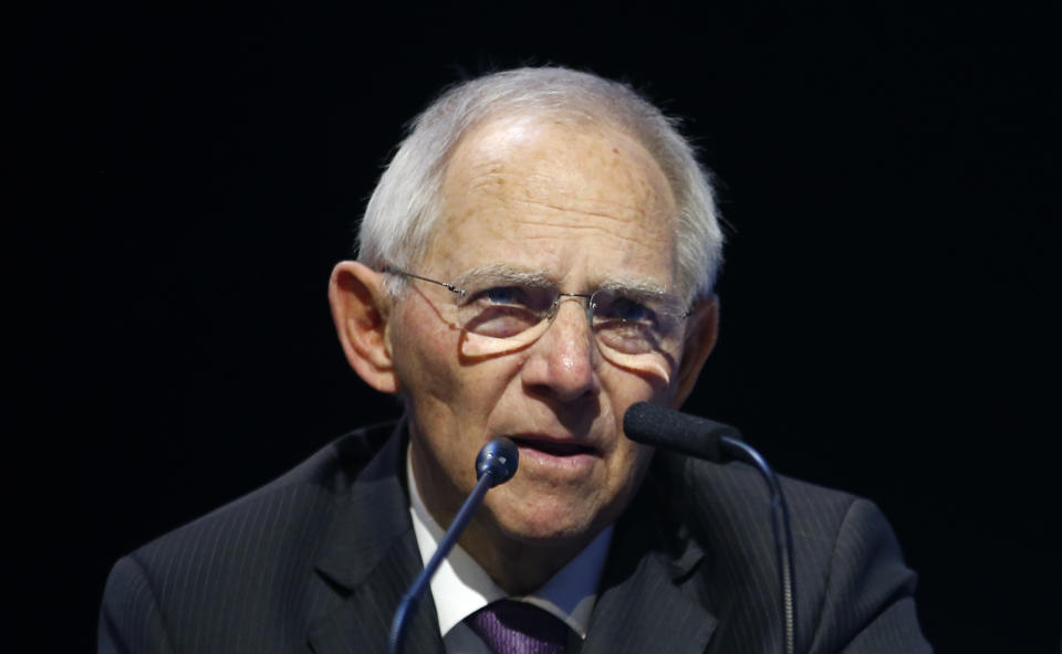 German Bundestag President Wolfgang Schauble speaks during the European Peoples Party (EPP) congress in Zagreb, Croatia, Wednesday, Nov. 20, 2019. Tusk was in Zagreb, the Croatian capital, for a meeting of the European People's Party, the main center-right bloc in the European Parliament.(AP Photo/Darko Vojinovic)