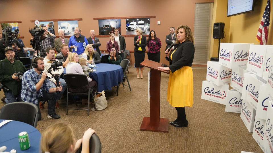 Utah 2nd Congressional District Republican Celeste Maloy speaks to supporters after winning a Utah special election to replace her former boss U.S. Rep. Chris Stewart during an election night party, Tuesday, Nov. 21, 2023, in West Valley City, Utah. (AP Photo/Rick Bowmer)