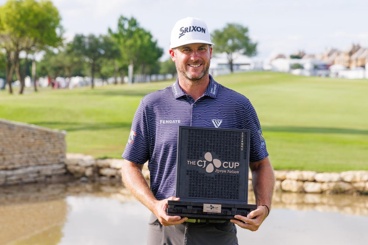 Taylor Pendrith poses with the trophy after winning the 2024 CJ Cup Byron Nelson. (Photo: Andrew Dieb-USA TODAY Sports)