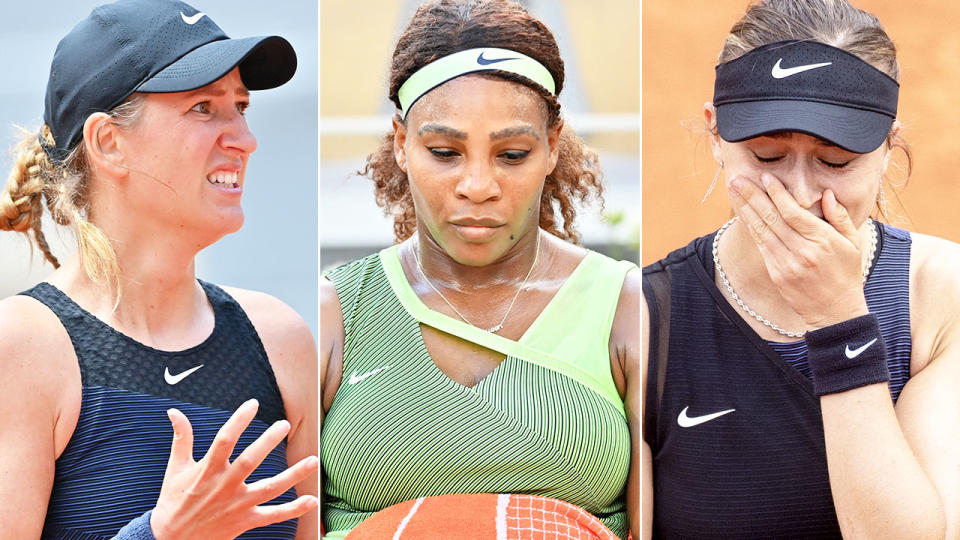 Victoria Azarenka, Serena Williams and Paula Badosa, pictured here in action at the French Open.