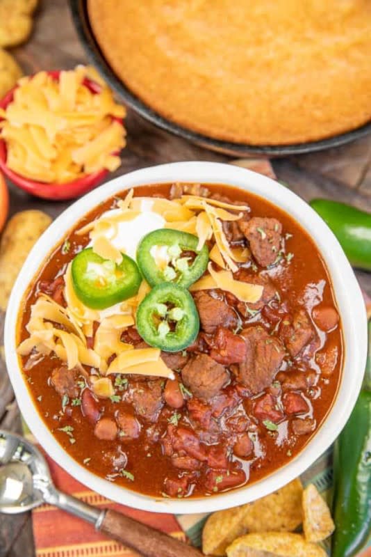 <p>Plain Chicken</p><p>With big bites of tender beef, this will be the heartiest chili you've ever made.</p><p><strong>Get the recipe: <a href="https://www.plainchicken.com/take-two-chili/" rel="nofollow noopener" target="_blank" data-ylk="slk:Slow Cooker Steak Chili;elm:context_link;itc:0;sec:content-canvas" class="link rapid-noclick-resp">Slow Cooker Steak Chili</a></strong></p>