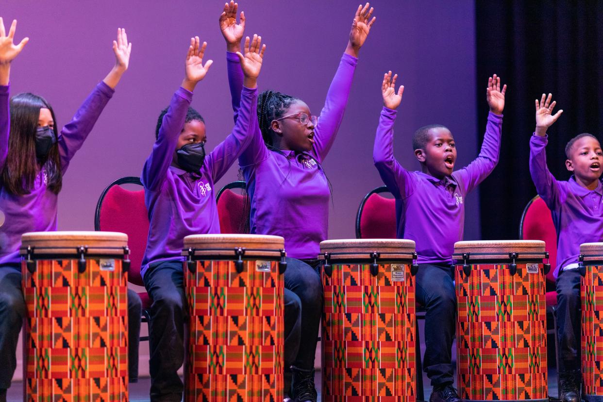 World drum students in the Cathedral Arts Project's arts education program perform at the nonprofit's 2022 showcase.