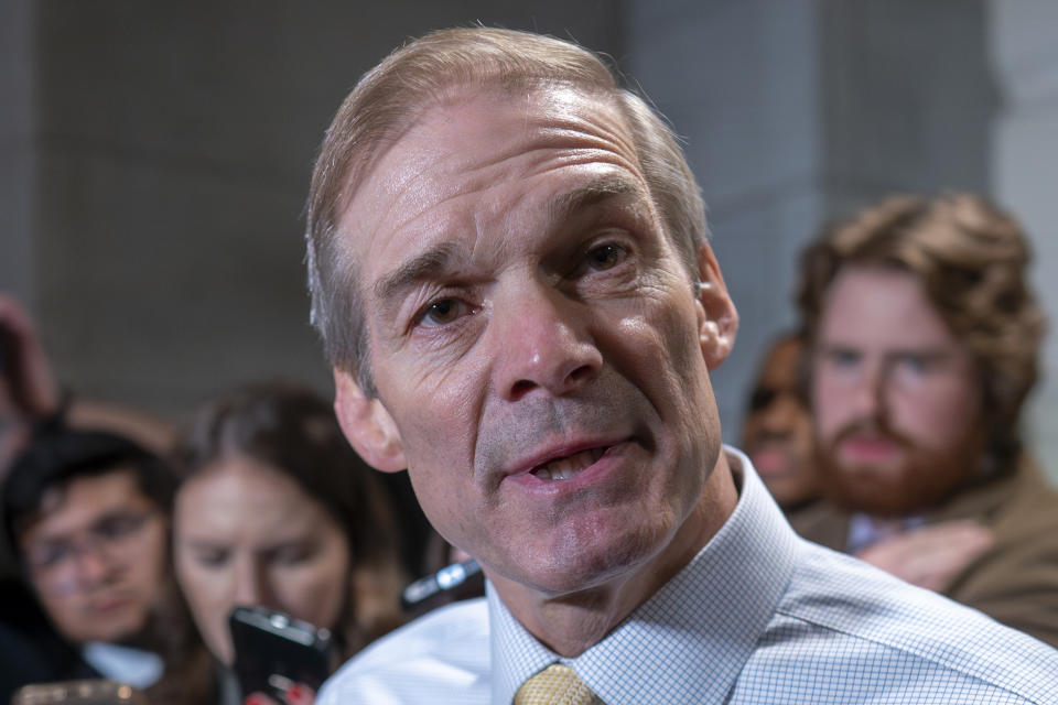 Rep. Jim Jordan, R-Ohio, who failed in a crucial second ballot yesterday to become Speaker of the House, talks to reporters as he leaves a closed meeting of the Republican Conference, at the Capitol in Washington, Thursday, Oct. 19, 2023. (AP Photo/J. Scott Applewhite)