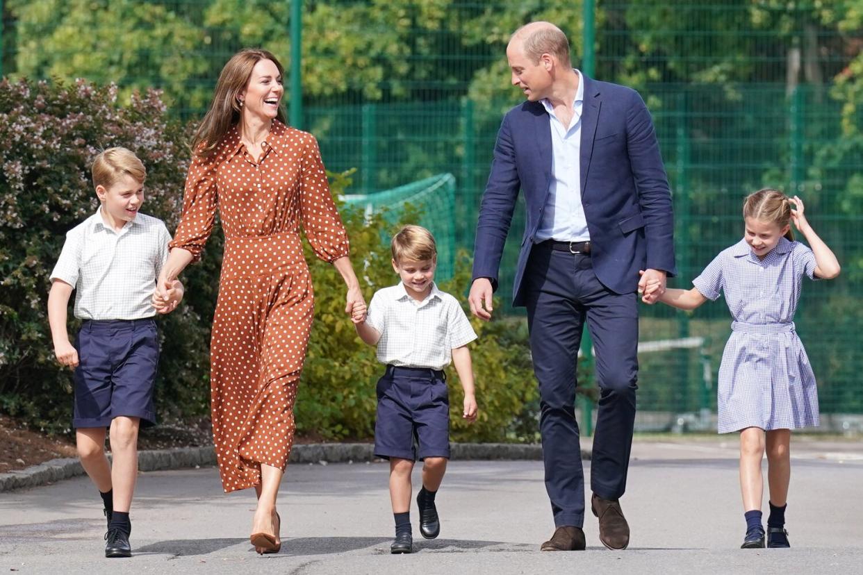 Prince George, Princess Charlotte and Prince Louis, accompanied by their parents the Duke and Duchess of Cambridge, arrive for a settling in afternoon at Lambrook School, near Ascot in Berkshire