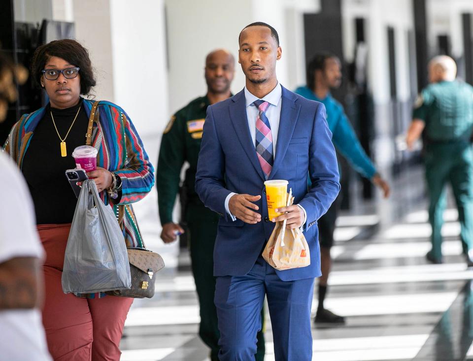 Former Florida State University football standout Travis Rudolph arrives at Palm Beach County courthouse for his trial on Monday, June 5, 2023.