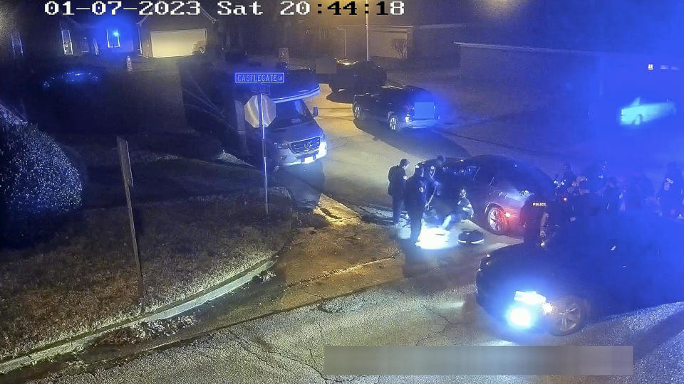 The image from video released on Jan. 27, 2023, and partially redacted by the City of Memphis, shows Tyre Nichols seated leaning against a car during an attack by five Memphis police officers on Jan. 7, 2023. Nichols died on Jan. 10. The five officers have since been fired and charged with second-degree murder and other offenses.  / Credit: City of Memphis via AP