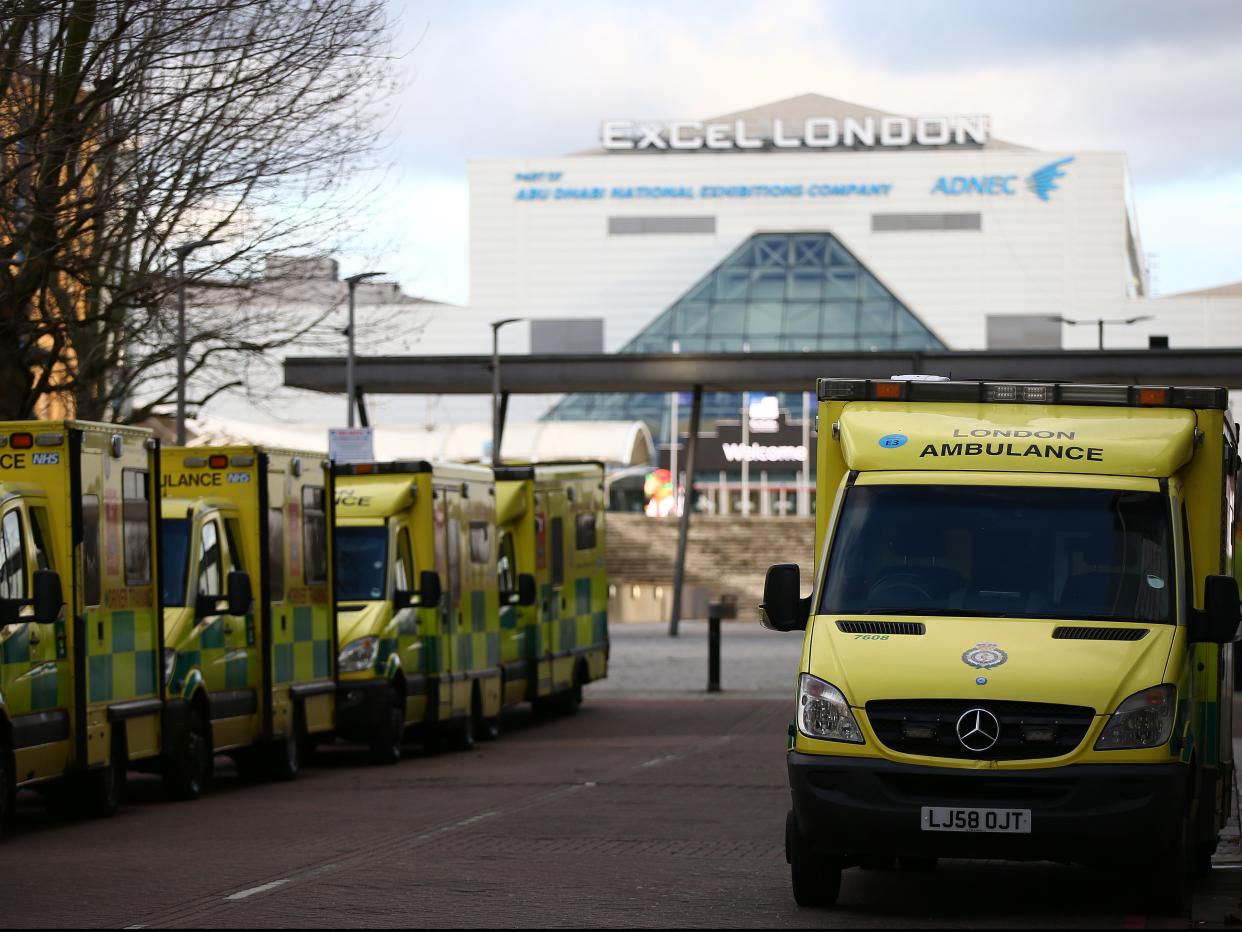 <p>Ambulances outside the London Nightingale Hospital</p> (Getty Images)