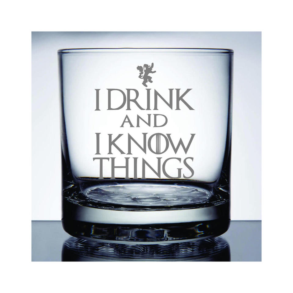 <p>If he’s team Tyrion Lannister, spruce up his bar with a couple of rocks glasses etched with an iconic quote from the Casterly Rock native. <br><strong><a rel="noopener" href="https://fave.co/2VTf2cZ" target="_blank" data-ylk="slk:Shop it;elm:context_link;itc:0;sec:content-canvas" class="link ">Shop it</a>:</strong> $12, <a rel="noopener" href="https://fave.co/2VTf2cZ" target="_blank" data-ylk="slk:etsy.com;elm:context_link;itc:0;sec:content-canvas" class="link ">etsy.com</a> </p>