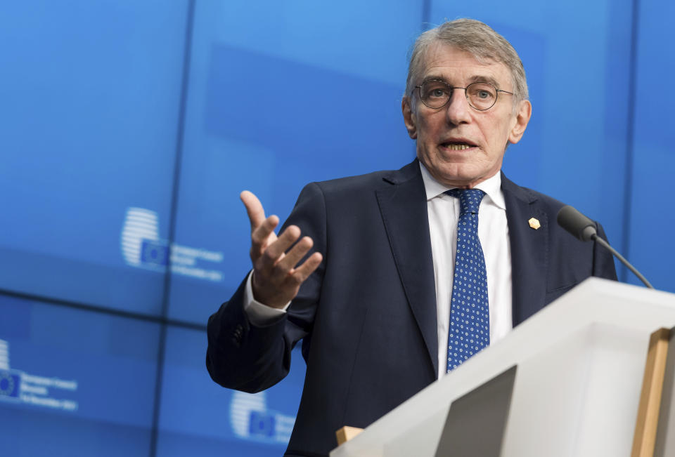 European Parliament President David Sassoli speaks speaks during a media conference at an EU Summit in Brussels, Thursday, Dec. 16, 2021. (AP Photo/Geert Vanden Wijngaert)