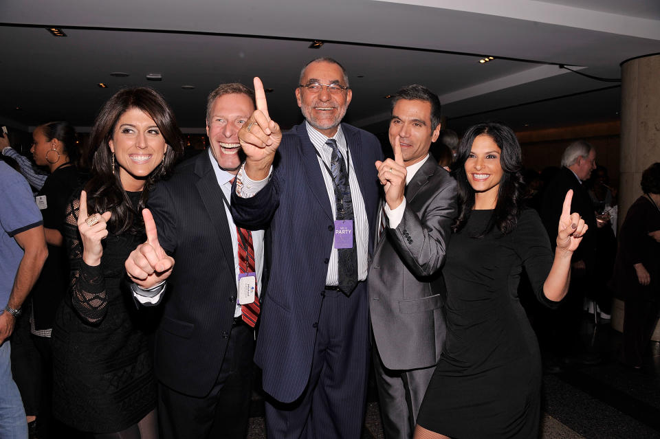 NEW YORK, NY - NOVEMBER 30: President & General Manager, WNBC 4 New York, Michael Jack (C) and (L-R) news television personalites Lauren Scala, Michael Gargiulo, Tom Llamas, and Darlene Rodriguez attend Rockefeller Center Christmas Tree Lighting Party at Rock Center Cafe on November 30, 2011 in New York City. (Photo by Gary Gershoff/Getty Images for NBC)