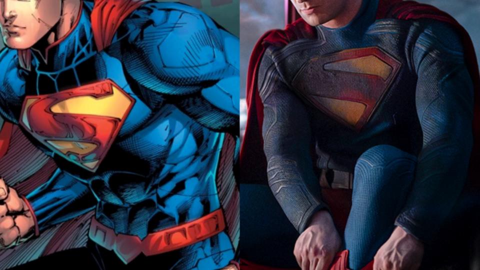 Superman in comics with David Corenswet as Superman