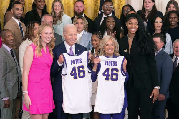 PHOTO: President Joe Biden and First Lady Jill Biden get jerseys from the champion Louisiana State University Women's Basketball Team at the White House in Washington, DC, on May 26, 2023. (Jim Watson/AFP via Getty Images)