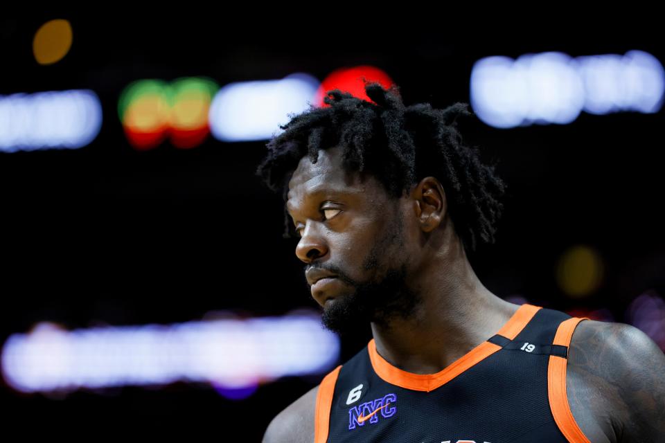 May 8, 2023; Miami, Florida, USA; New York Knicks forward Julius Randle (30) looks on against the Miami Heat in the second quarter during game four of the 2023 NBA playoffs at Kaseya Center. Mandatory Credit: Sam Navarro-USA TODAY Sports