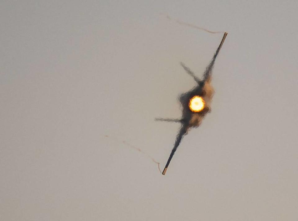 The F-35A Lightning II piloted by Maj. Kristin “BEO” Wolfe jets into the distance as part of the U.S. Air Force demonstration team at the California Capital Airshow on Friday, Sept. 24, 2021, at Mather Airport in Sacramento.