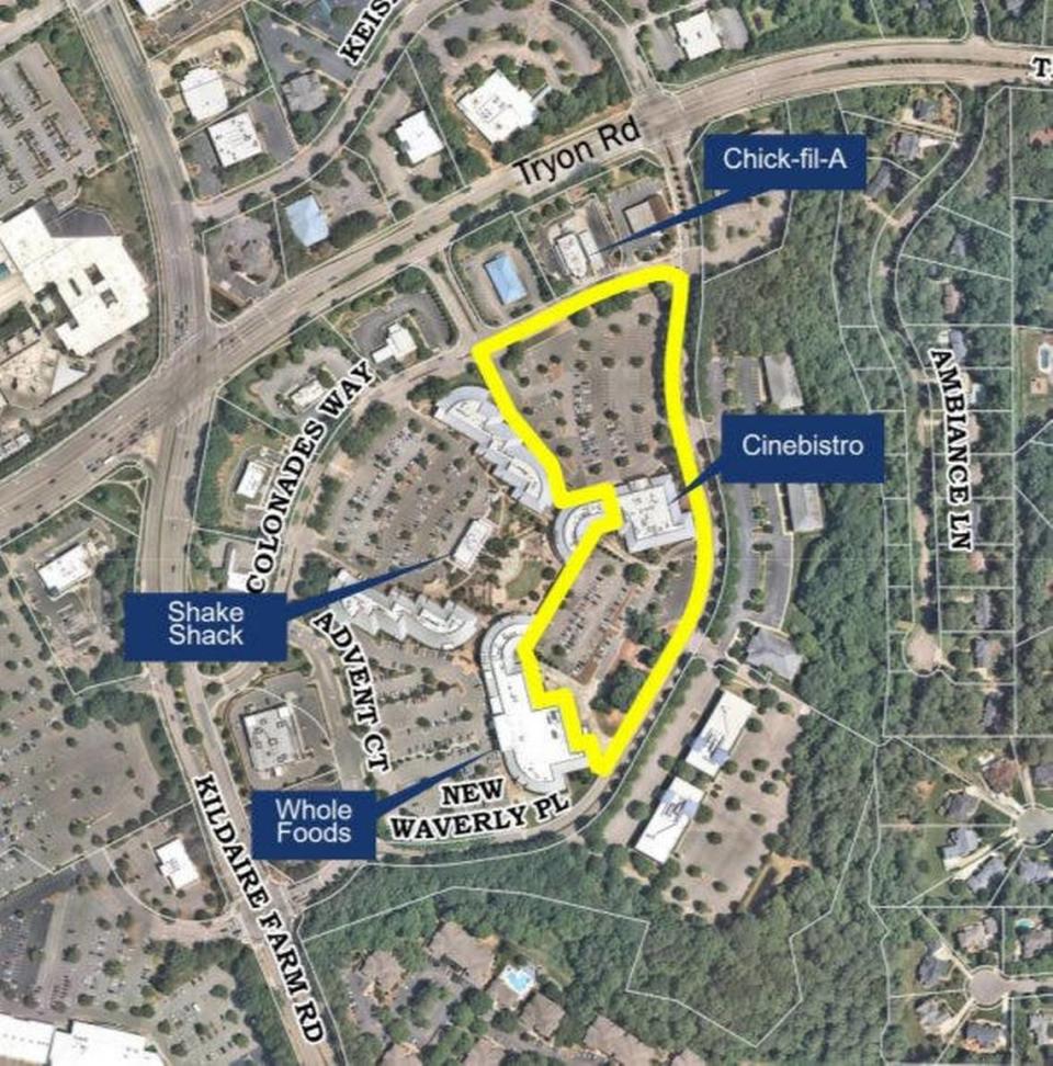 Houston-based Hines is planning to redevelop 7.74 acres of the 22.5-acre property at 2001 Kildaire Farm Road, including two parking lots and the CMX CinéBistro.