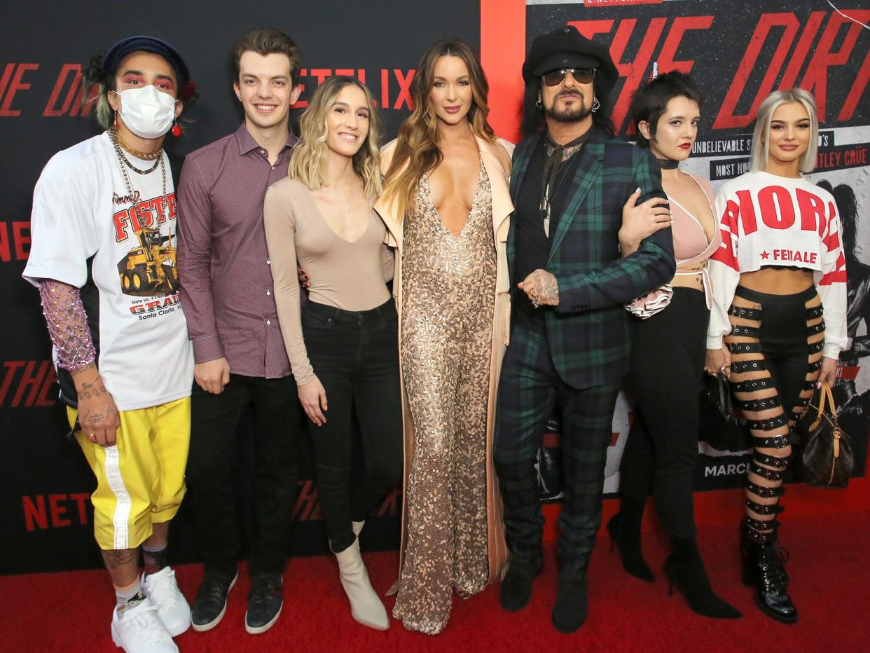 Courtney Sixx, Nikki Sixx and family attend the premiere of Netflix's 'The Dirt" at the Arclight Hollywood on March 18, 2019 in Hollywood, California