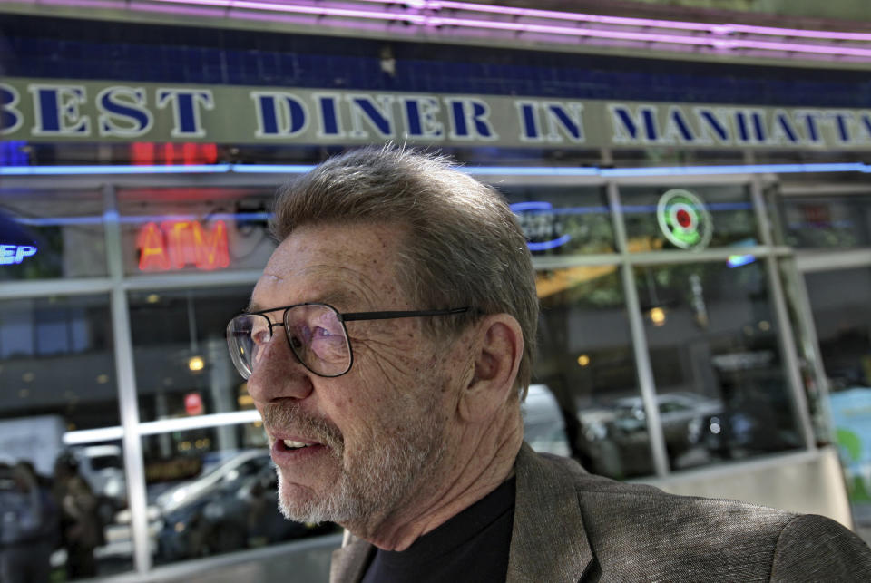 FILE - In this June 5, 2007 file photo, Pete Hamill responds during an interview at the Skylight Diner in New York. The longtime New York City newspaper columnist and author has died. His brother Denis Hamill said Pete died Wednesday, Aug. 5, 2020 in Brooklyn. (AP Photo/Bebeto Matthews, File)