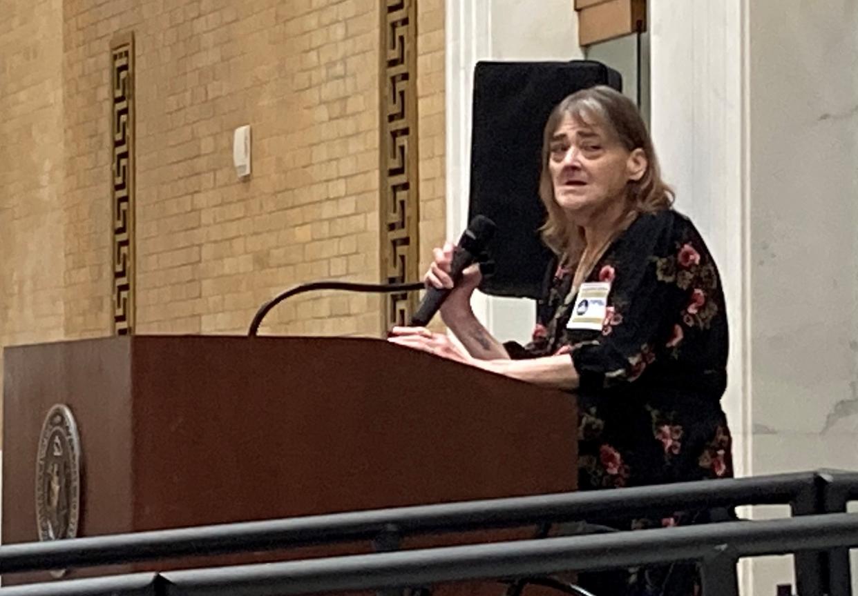 Marybeth Bacigalupo-Worden, formerly unhoused, now volunteers as an advocate for the homeless and told her story to legislators at the Massachusetts Coalition for the Homeless legislative action day Thursday.