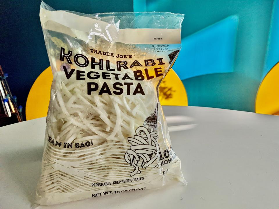 package of kohlrabi vegetable pasta from trader joe's on a kitchen table